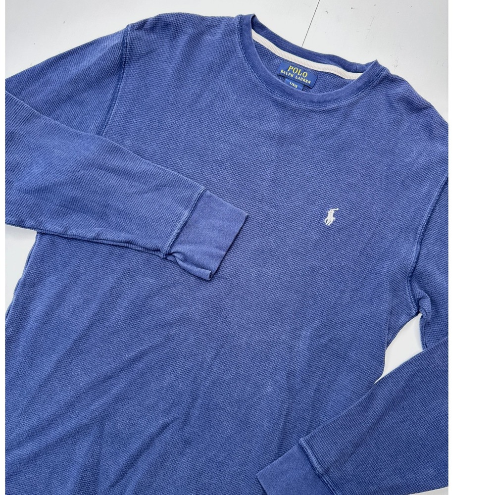 Polo Ralph Lauren Mens Blue Waffle Knit Thermal Long Sleeve Shirt Large Logo